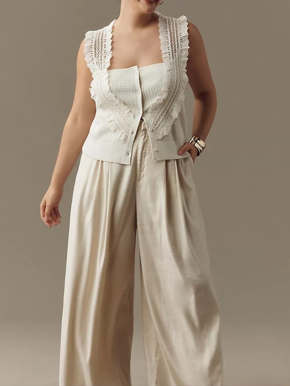 Pilcro Crafted Bib Sweater Tank Top S Cream Ivory Lace Peasant Feminine Ruffle - Picture 12 of 13